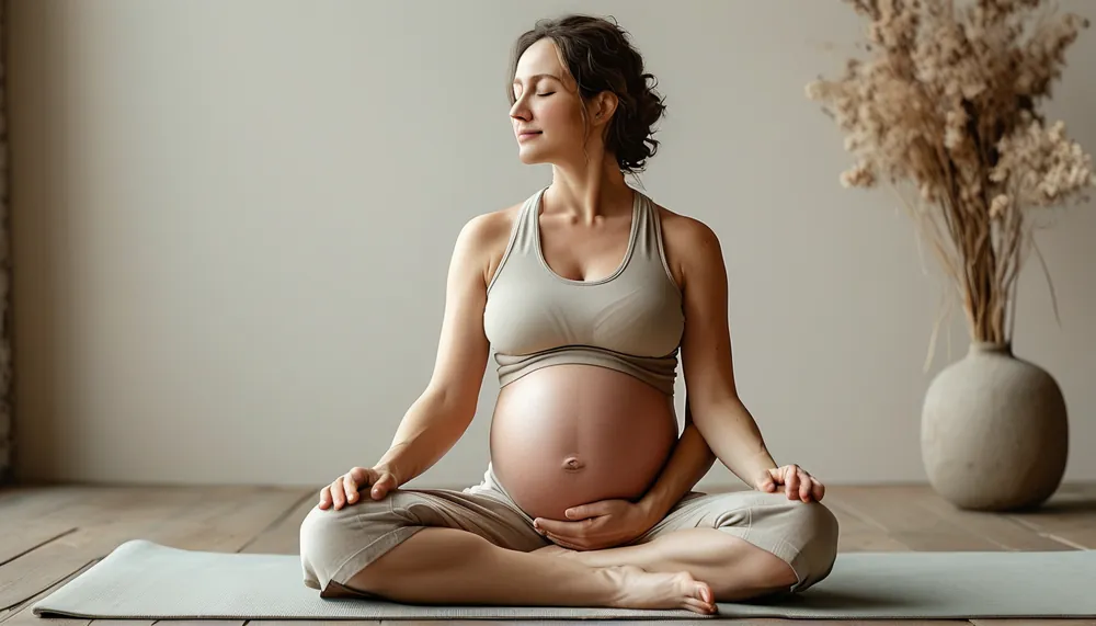 Pregnant woman doing gentle prenatal yoga